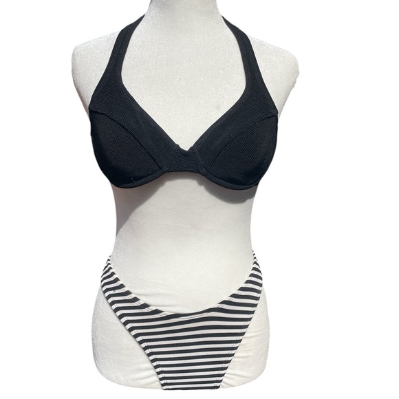 2 Piece Halter Bikini Swim Systems XS Black White - Picture 2 of 10